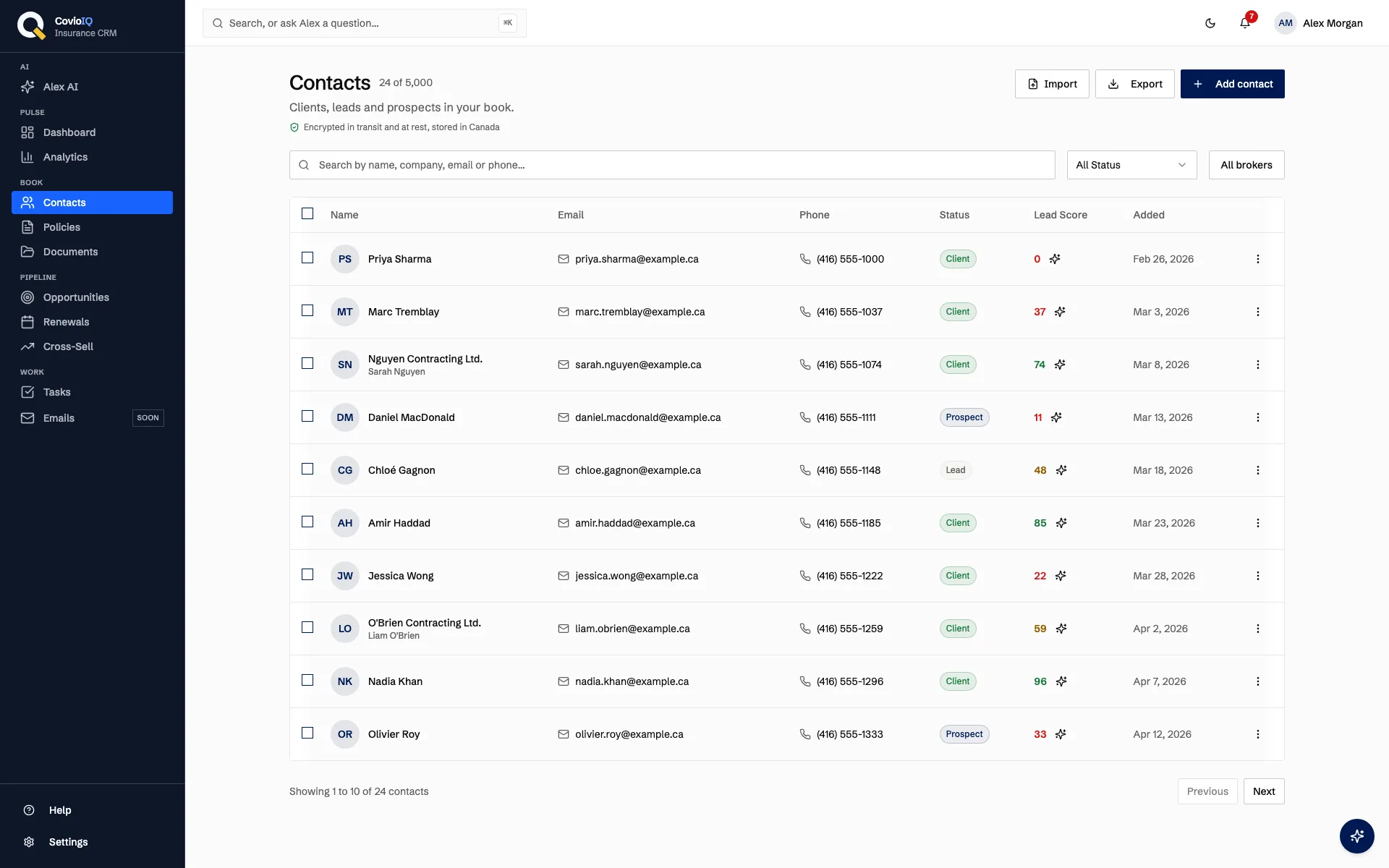 La liste des contacts CovioIQ avec statut, score de prospect et recherche, sur des données d'exemple